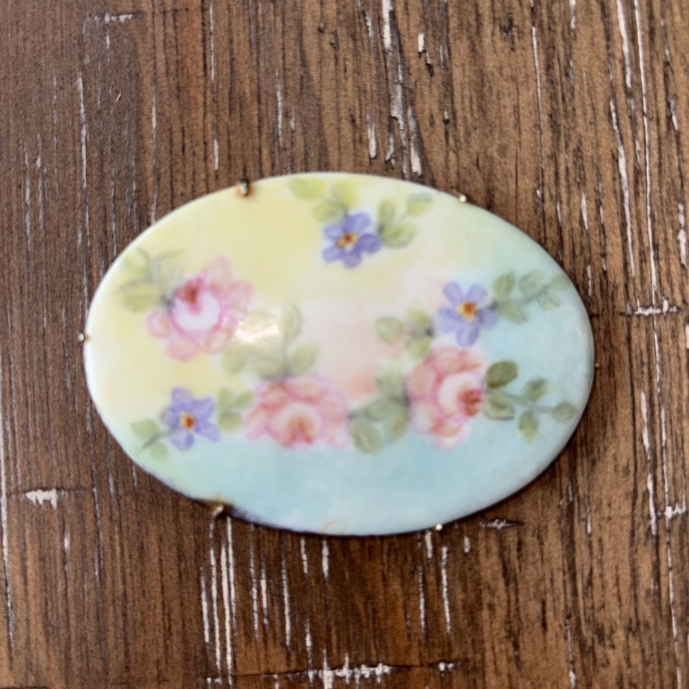 VICTORIAN PAINTED ROSES ON PORCELAIN BROOCH 2.75"